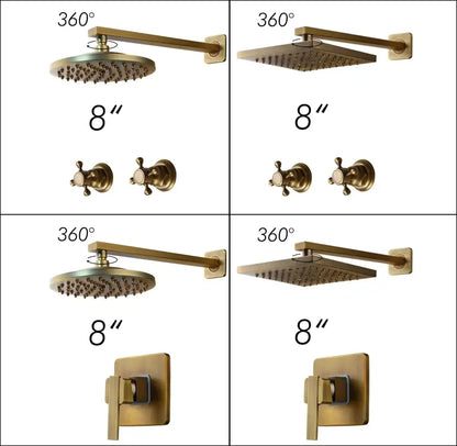 Decorbites™ antique brass round wall mounted rainfall shower faucet set with rotating arm and two matching handles