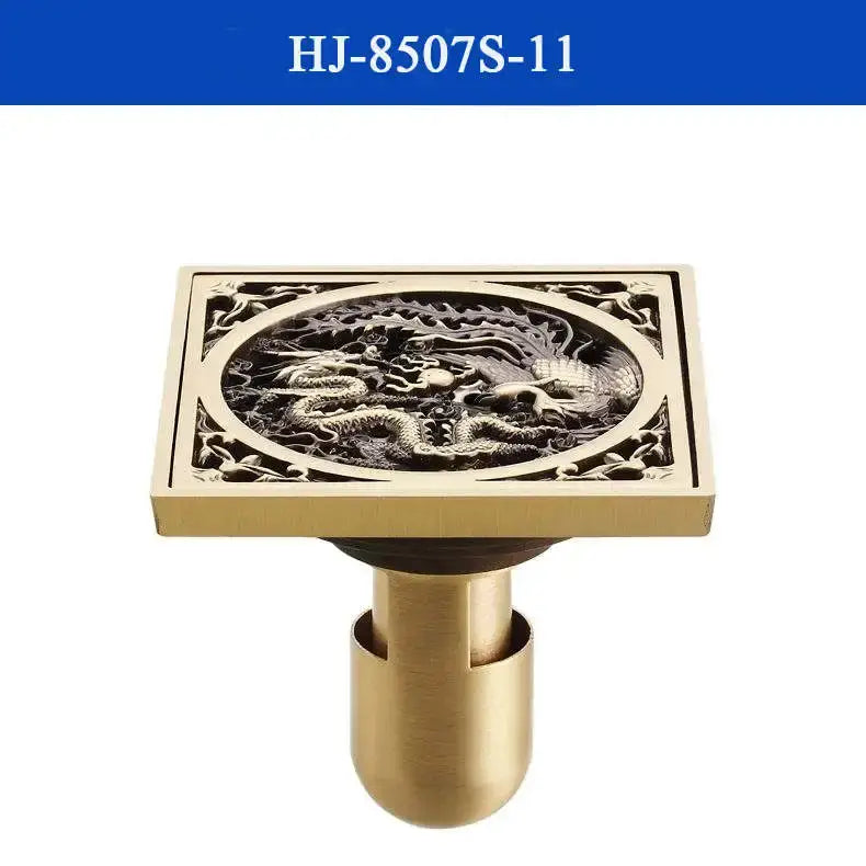 Decorbites antique brass shower drain cover with brass finish and intricate dragon design for bathroom use