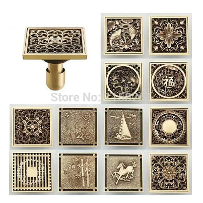 Antique brass shower drain cover with intricate traditional chinese motifs and euro art carving for bathroom use