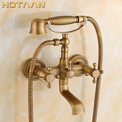 Antique brass shower faucet kit with three control knobs and handheld showerhead wall mounted by decorbites