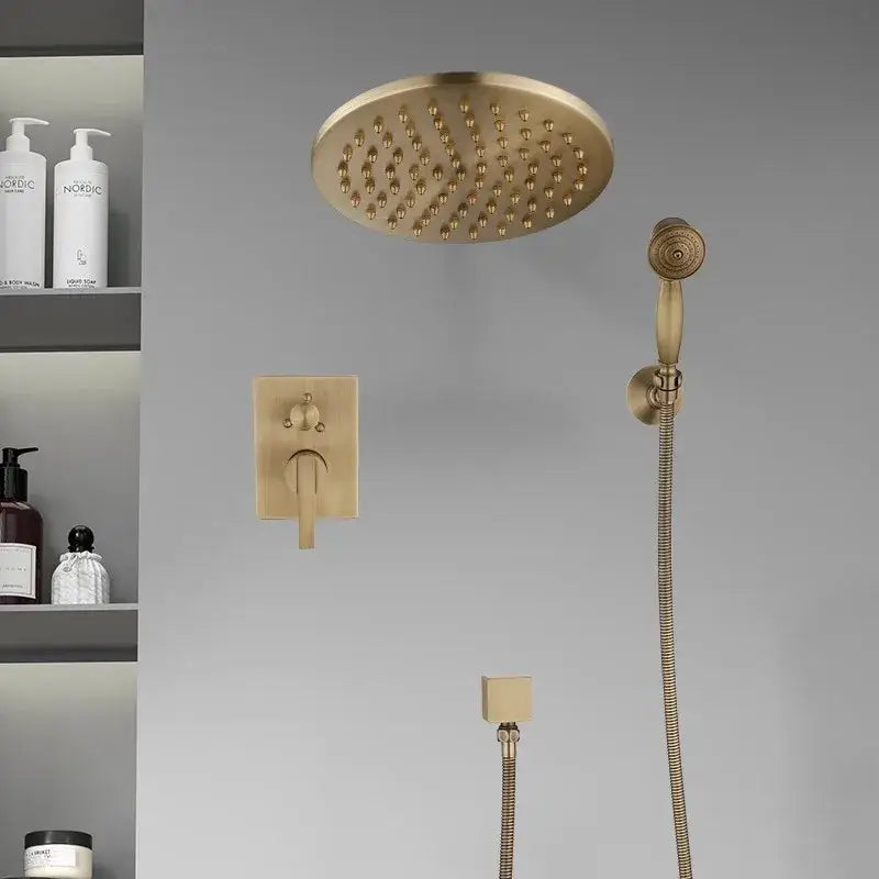 Decorbites™ antique brass shower faucet set with 10 inch round rain showerhead and matching handheld attachment