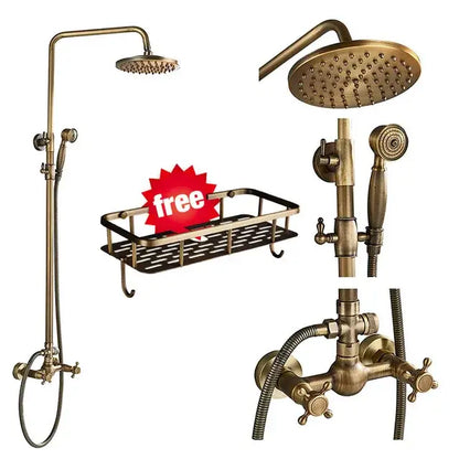 Brass-finished vintage-style DecorBites shower faucet set with 8 inch rainfall head and swivel spray nozzle