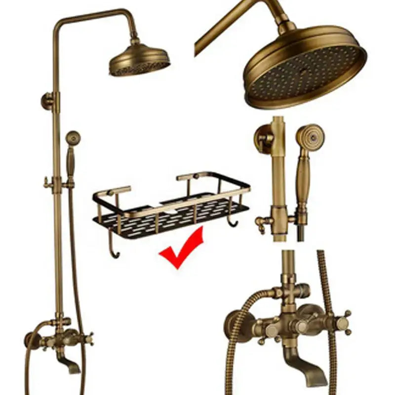 Brass-colored shower faucet set with 8 inch circular perforated rainfall showerhead and arched mounting arm by decorbites