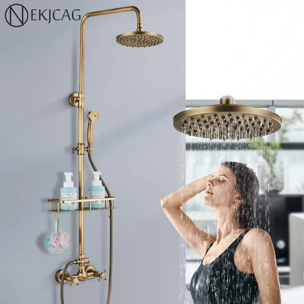 DecorBites antique brass shower faucet set with 8 inch rainfall head and swivel spray in vintage brass finish