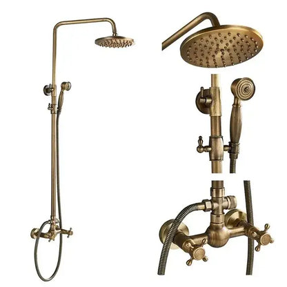 DecorBites antique brass shower faucet set with 8 inch rainfall head, handheld spray nozzle, and wall-mounted faucet assembly