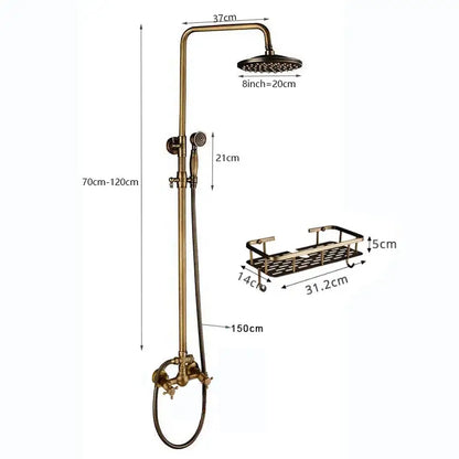 Brass-finished DecorBites™ shower faucet set with 37cm rainhead, handheld sprayer, and matching metal shelf