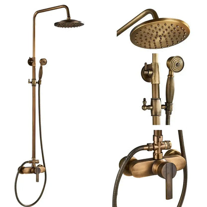 Antique brass shower faucet set with 8 inch rainfall head and handheld swivel spray by DecorBites