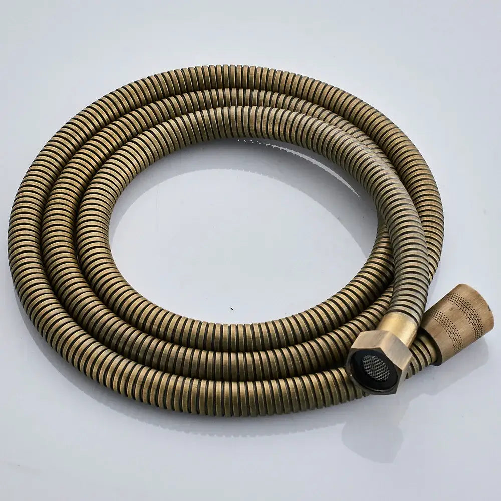 Brass-colored corrugated shower hose with hexagonal connector and textured nozzle in DecorBites antique brass shower faucet set