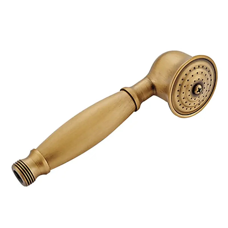 Antique brass handheld showerhead with classic rounded design and evenly spaced spray holes in decorbites shower faucet set