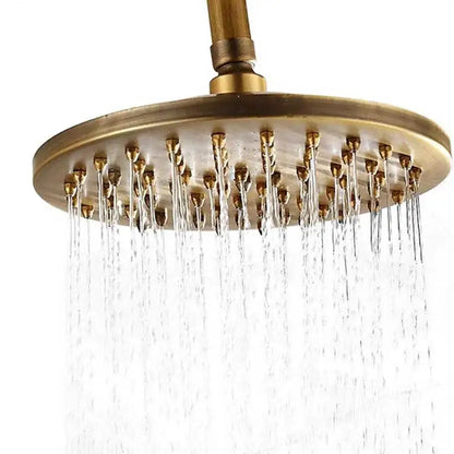 Decorbites antique brass shower faucet set with brass-finished round rain showerhead featuring multiple water jets