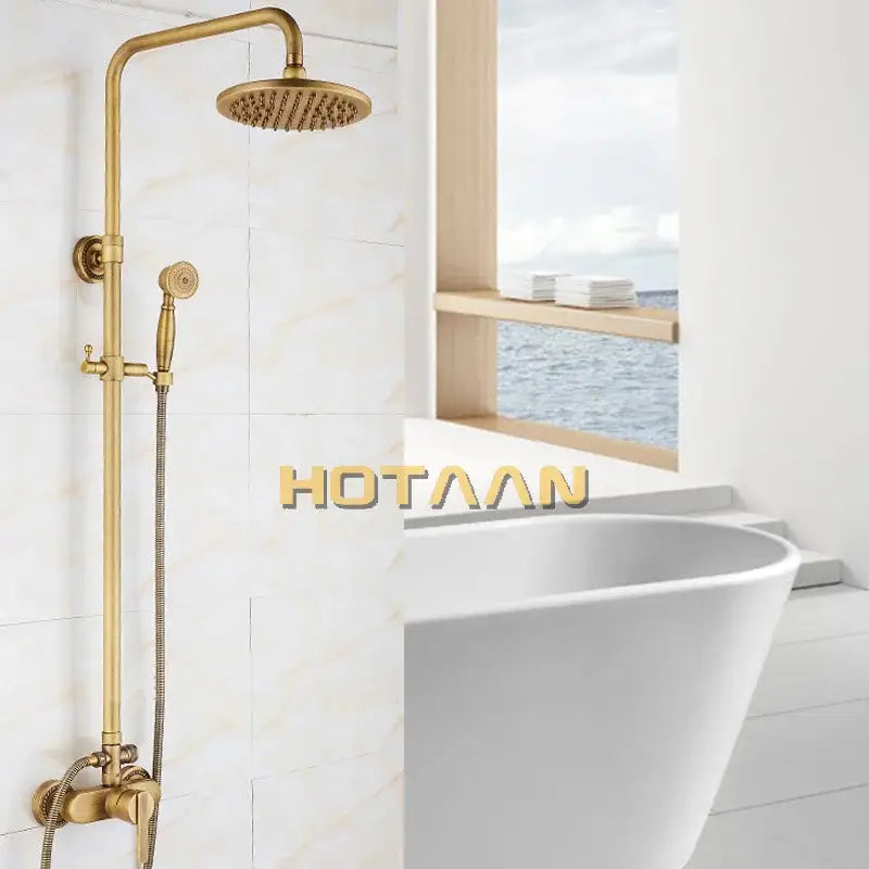 Decorbites™ antique brass shower faucet set with round 8 inch rainhead and handheld nozzle in brass finish