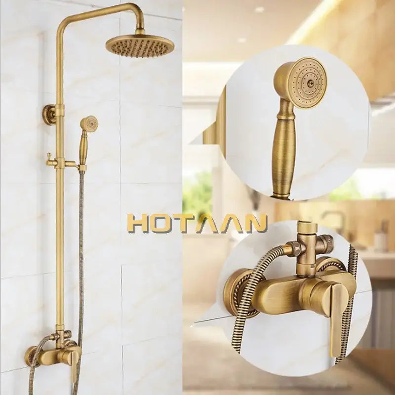 Brass-finished decorbites antique brass shower faucet set with rainfall mixer valve 8 inch head and handheld spray nozzle