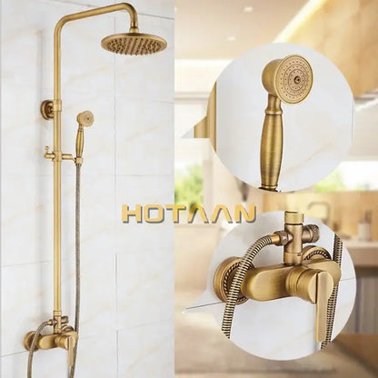 Brass-finished decorbites antique brass shower faucet set with rainfall mixer valve 8 inch head and handheld spray nozzle
