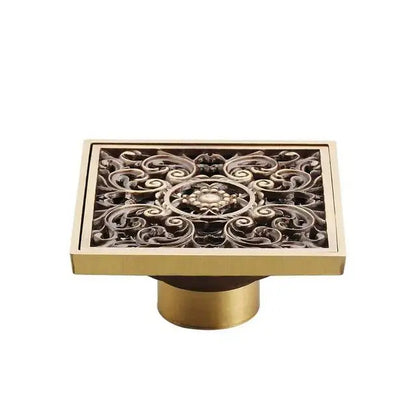 Decorbites antique brass shower floor drain 10cm square waste strainer cover with intricate scrollwork design