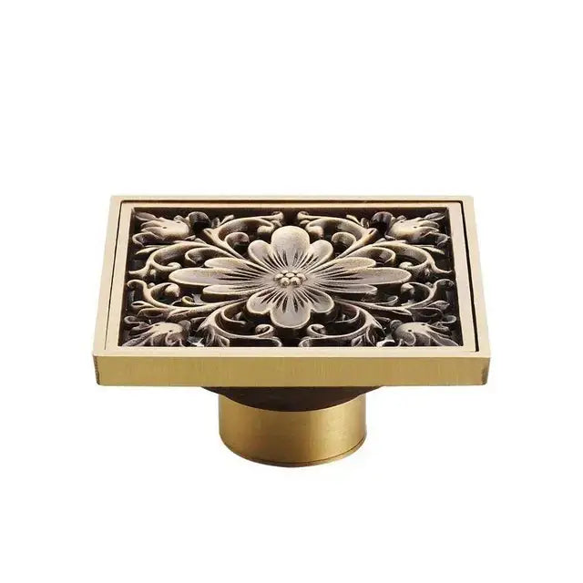 DecorBites antique brass shower floor drain 10cm square waste strainer cover with floral relief design