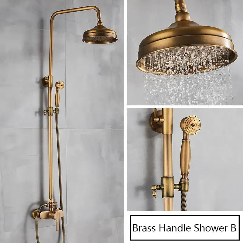 Decorbites antique brass shower set with fixed overhead rainhead and adjustable handheld spray wall mount faucet