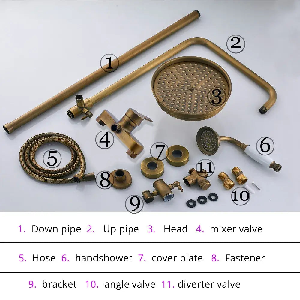 Brass-finished showerhead with circular design and multiple spray holes from decorbites antique brass shower set