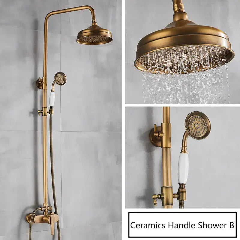 DecorBites antique brass shower set with single handle wall mount, fixed overhead rainhead, and handheld ceramic handle