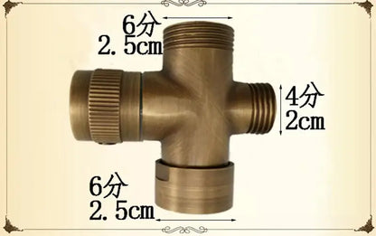 Bronze-colored brass plumbing tee with threaded connections for 6-inch and 4-inch fittings in decorbites antique brass shower set