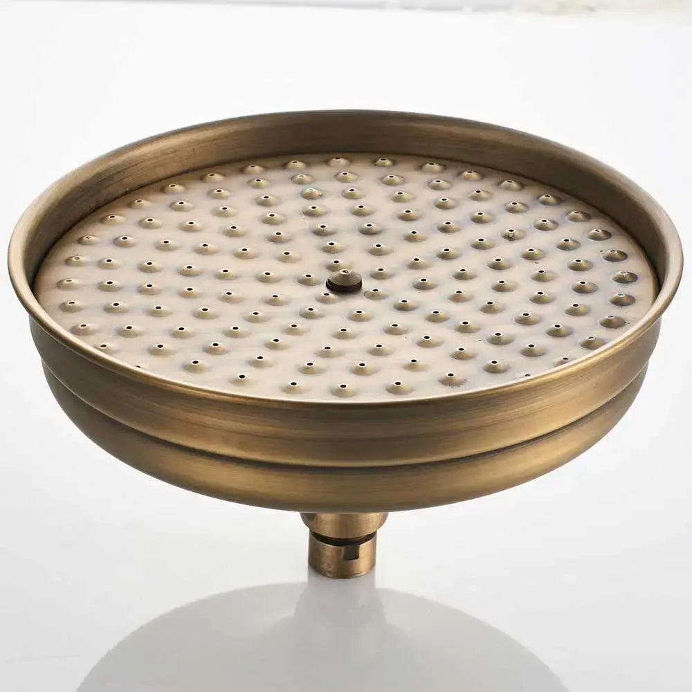 Decorbites antique brass shower set featuring an antique brass shower head with circular small nozzles for water flow