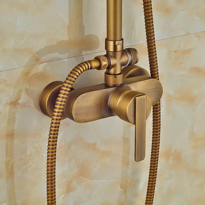 Decorbites™ antique brass shower set with 8 inch rainfall head, hand sprayer, sleek design, and flexible braided hoses