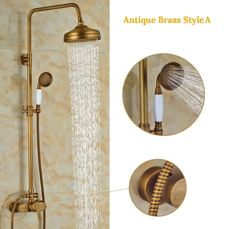 Decorbites antique brass shower set with 8 inch rainfall head and handheld sprayer featuring white ceramic handles