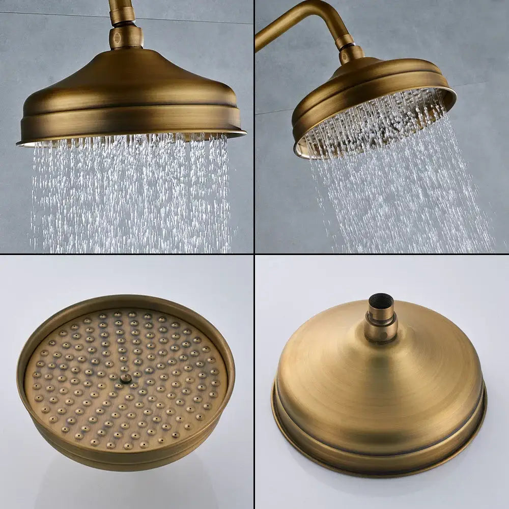 Decorbites antique brass shower set featuring an 8 inch rainfall head with multiple spray settings in brass finish