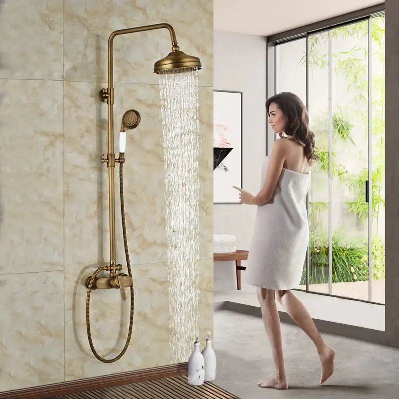 Decorbites™ antique brass shower set with brass-finished 8 inch rainfall head handheld sprayer and control valve assembly