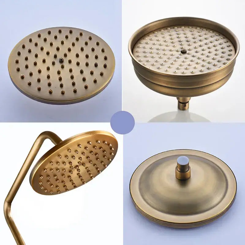 Decorbites™ antique brass shower set featuring an antique brass showerhead with circular design and multiple nozzles