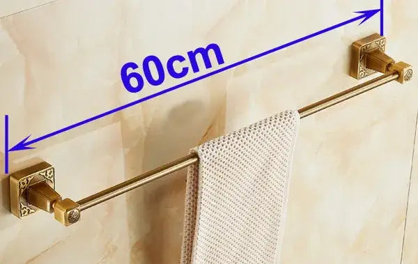 Decorbites antique brass single towel bar with gold-colored brass double rack and ornate square end caps for bathroom use