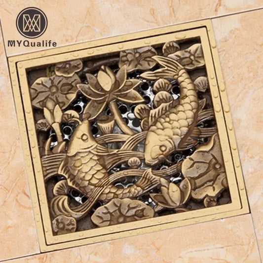 DecorBites antique brass square fish carved floor drain cover with gold color and detailed lotus flower design