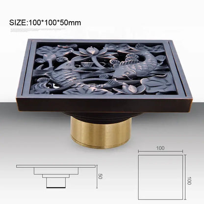 DecorBites™ antique brass square fish carved floor drain with bronze finish and intricate lotus and fish design