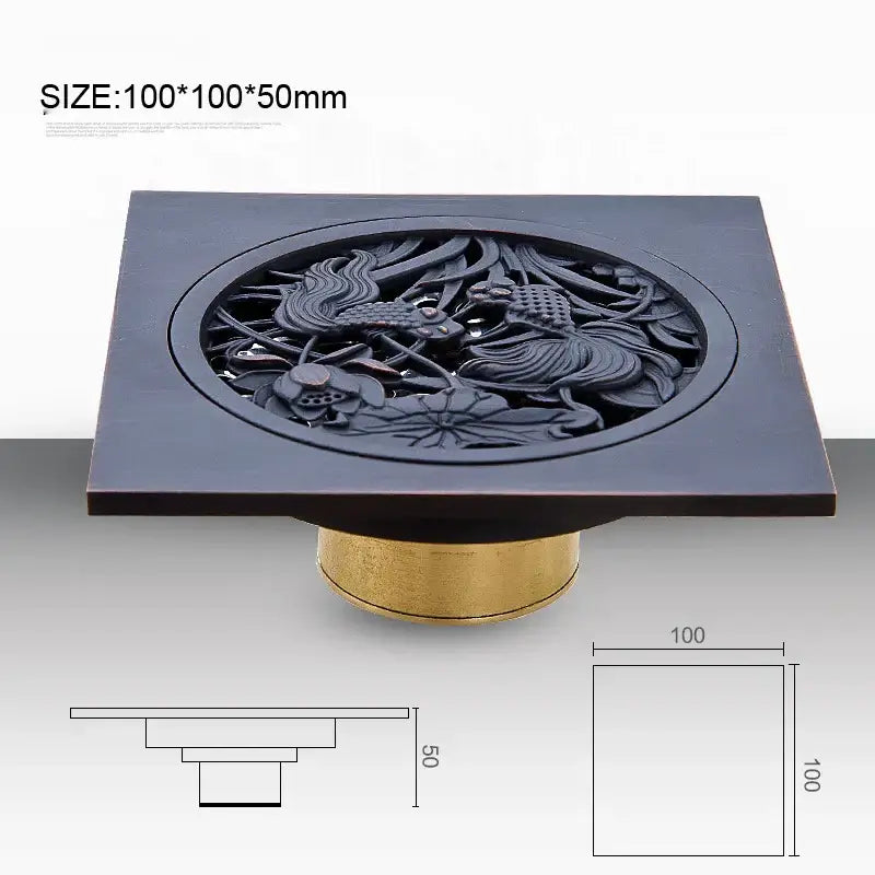 Square fish carved antique brass floor drain with black bronze phoenix and lotus design on brass base for bathroom use