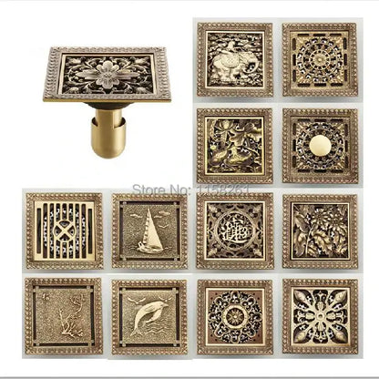 Decorbites antique brass square shower floor drain strainer grate with intricate floral and animal embossed designs