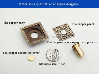 DecorBites™ antique brass square bathroom floor drain assembly with ornate brass-finished copper cover and strainer grate