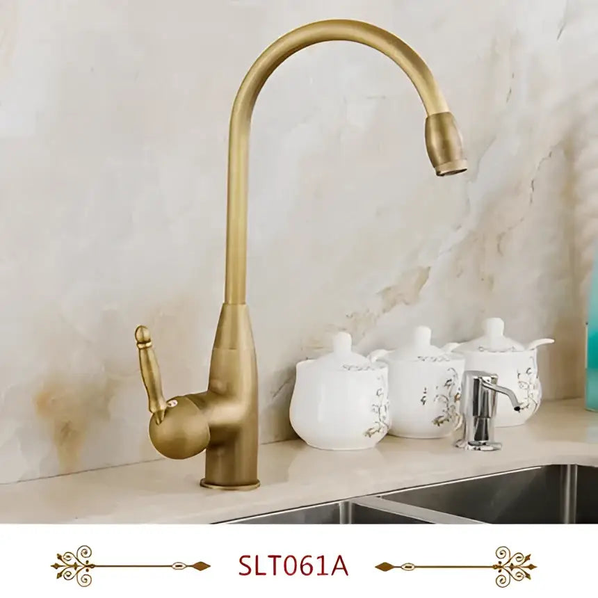 Decorbites antique brass swivel spout kitchen faucet with curved spout and ornate handle for vessel sink mixer tap