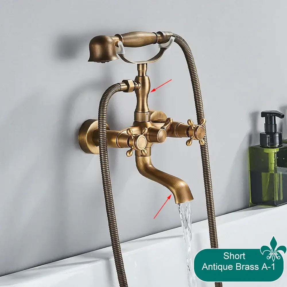 Antique brass telephone shape wall mounted bathtub faucet with vintage design two ornate handles and handheld showerhead