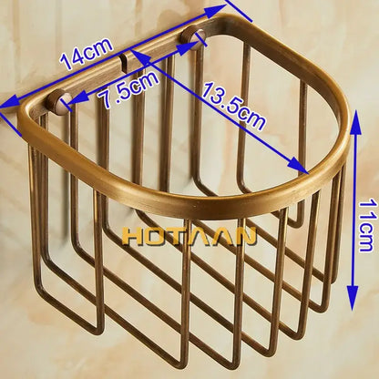 Antique brass metal shower caddy with semi-circular wire mesh design compatible with decorbites toilet paper holder