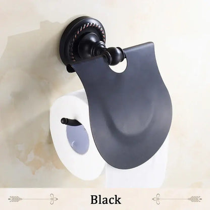 Decorbites™ antique brass toilet paper holder wall mount with black matte metal and ornate twisted detailing on base