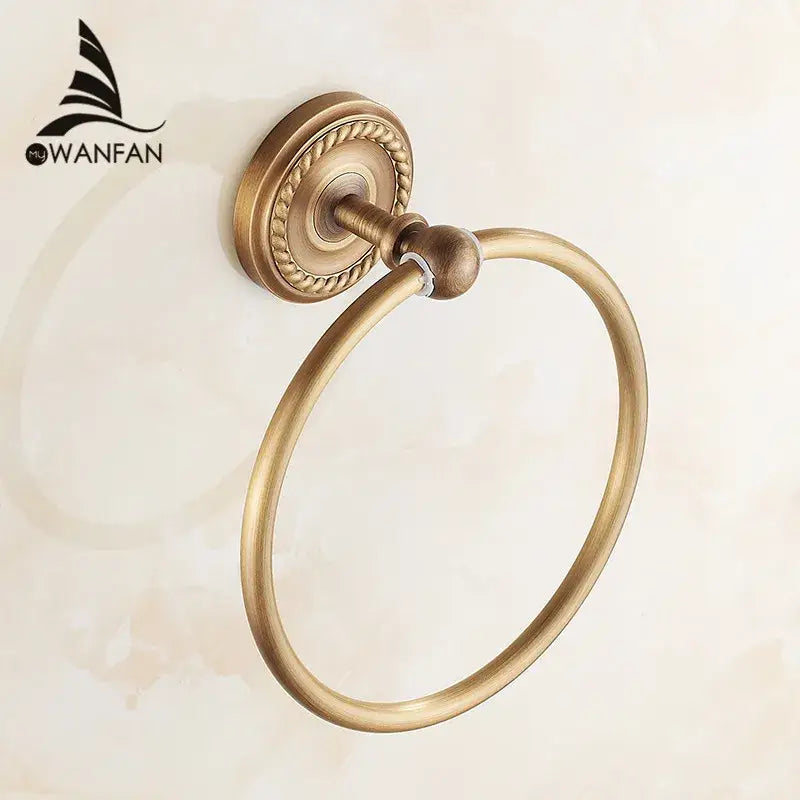 DecorBites™ antique brass towel ring wall mounted holder with decorative rope-textured base and smooth rounded hoop