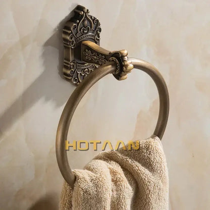 Decorbites antique brass towel ring with ornate crown wall mount and floral engraving for bathroom use