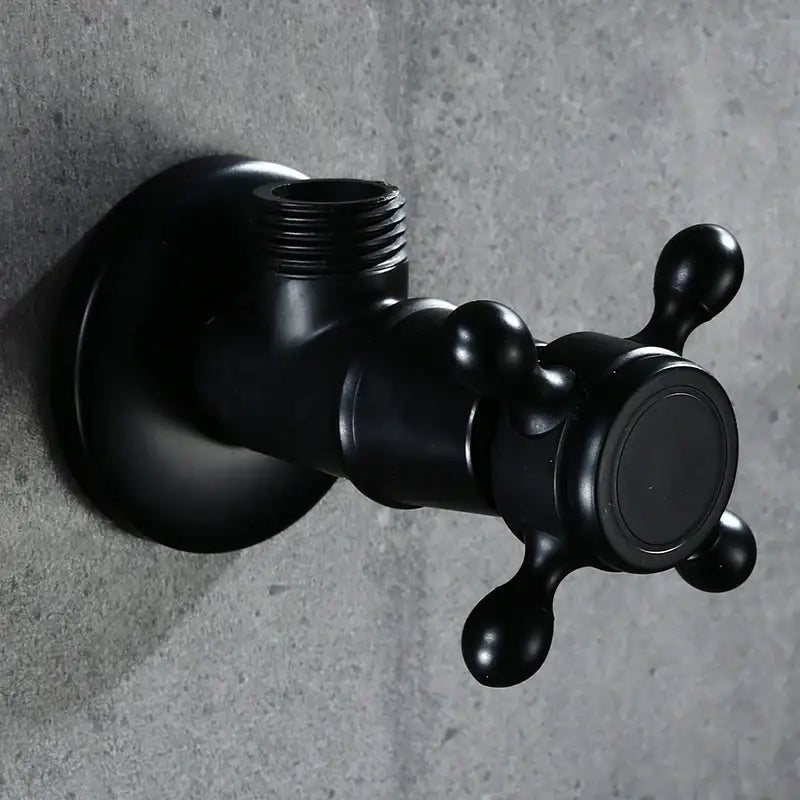 Black matte-finished brass wall-mounted faucet with cross handle and rounded knobs for antique brass triangle valve toilet faucet replacement