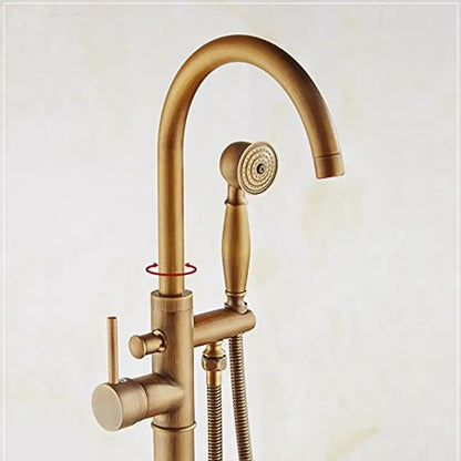 DecorBites antique brass tub faucet with swivel spout and detachable handheld showerhead in brass finish