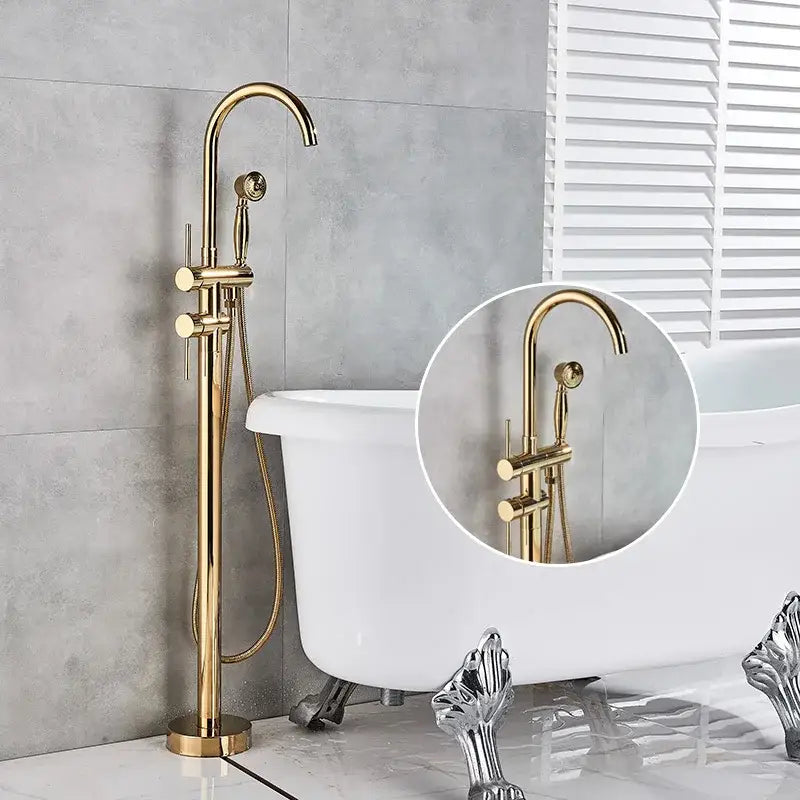 Decorbites antique brass tub faucet with swivel spout and separate handheld showerhead in gold finish