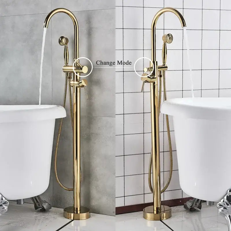 Decorbites™ antique brass tub faucet with swivel spout and handheld showerhead in brass finish for bathroom use