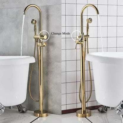 Decorbites™ antique brass tub faucet with swivel spout and handheld showerhead in brass finish for bathroom use