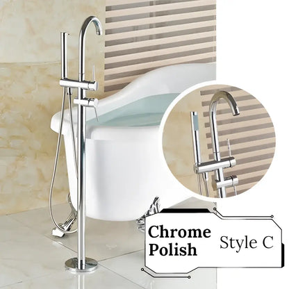 Chrome-finished freestanding tub faucet with tall sleek design and integrated handheld showerhead in antique brass style