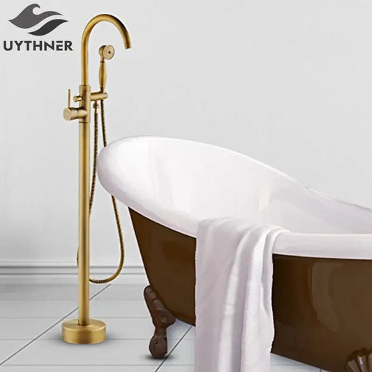 Brass-finished decorbites antique brass tub faucet with swivel spout and handheld showerhead for freestanding bathtubs