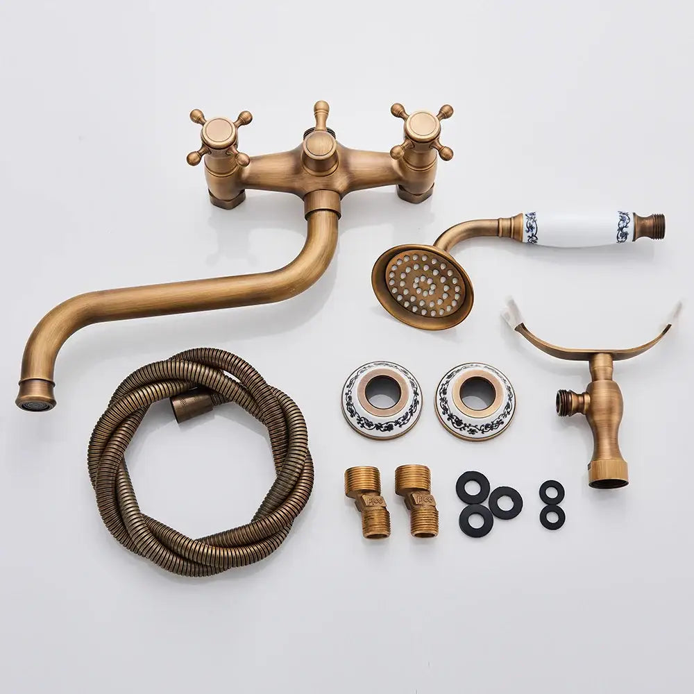 Decorbites antique brass shower mixer tap with 30cm spout rotation featuring porcelain cross-handle knobs and showerhead