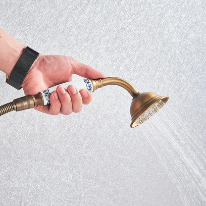 Decorbites™ antique brass shower mixer tap with handheld showerhead and white ceramic handle with blue floral patterns
